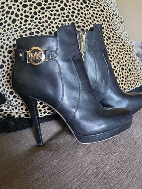 Michael Kors Black Leather High-Heel Ankle Boots with Gold MK Accent